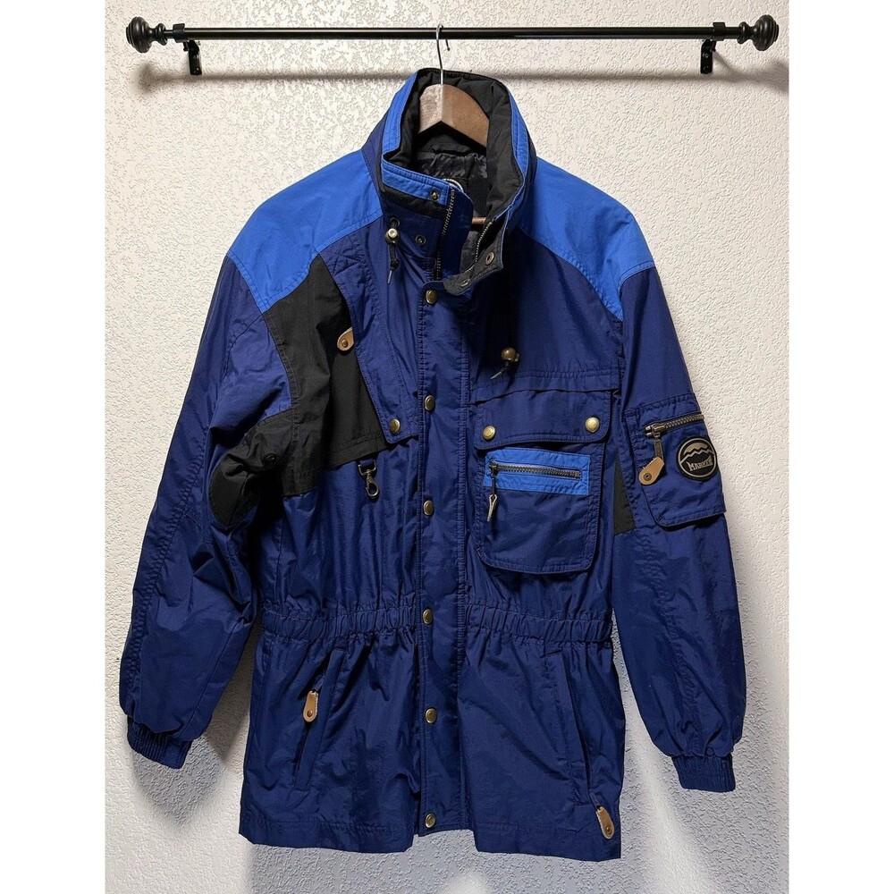 Vintage Marker Ltd Men’s M Blue Black Nylon Colorblock Ski Jacket Multi Pocket